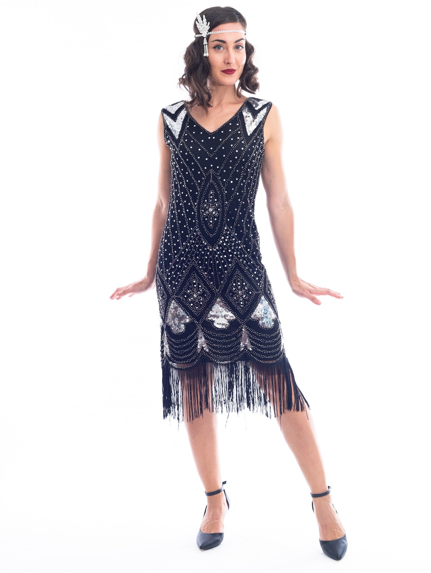A black and silver sleeveless 1920's Flapper Dress with sequins and beads