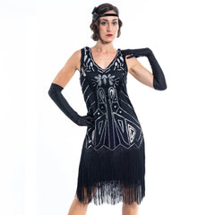 A Black Flapper Dress with black sequins, silver beads and fringes around the hem - Close View
