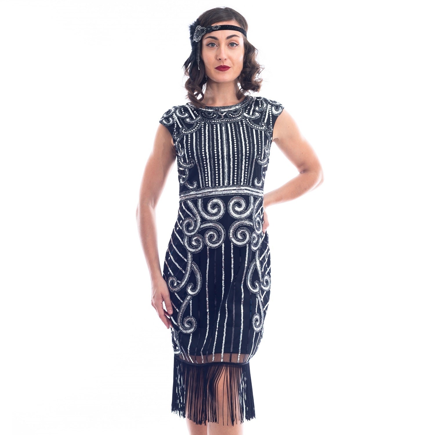 1920s Black & Silver Clara Flapper Dress with sequins and fringes