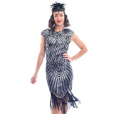 1920s Black & Silver Sequin Mable Flapper Dress