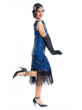 A Blue Gatsby Dress with black sequins and beads. 
