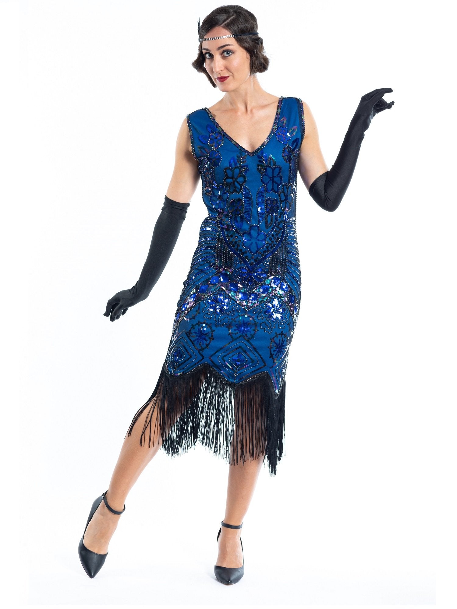 A Blue Gatsby Dress with black sequins and beads. 