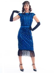 A 1920s Blue Flapper Dress with blue sequins, black beads and fringes around hem