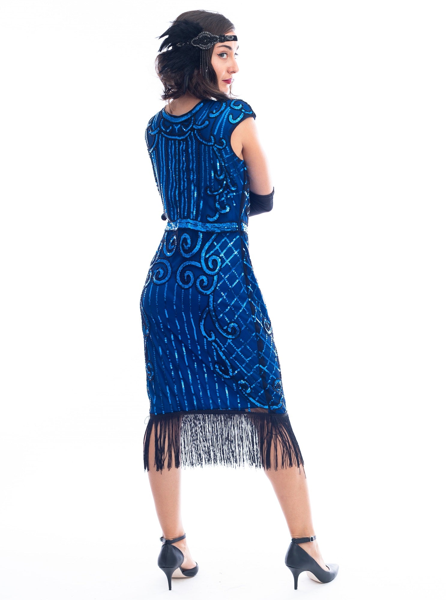 A back view 1920s Blue Flapper Dress with blue sequins, black beads and fringes around hem