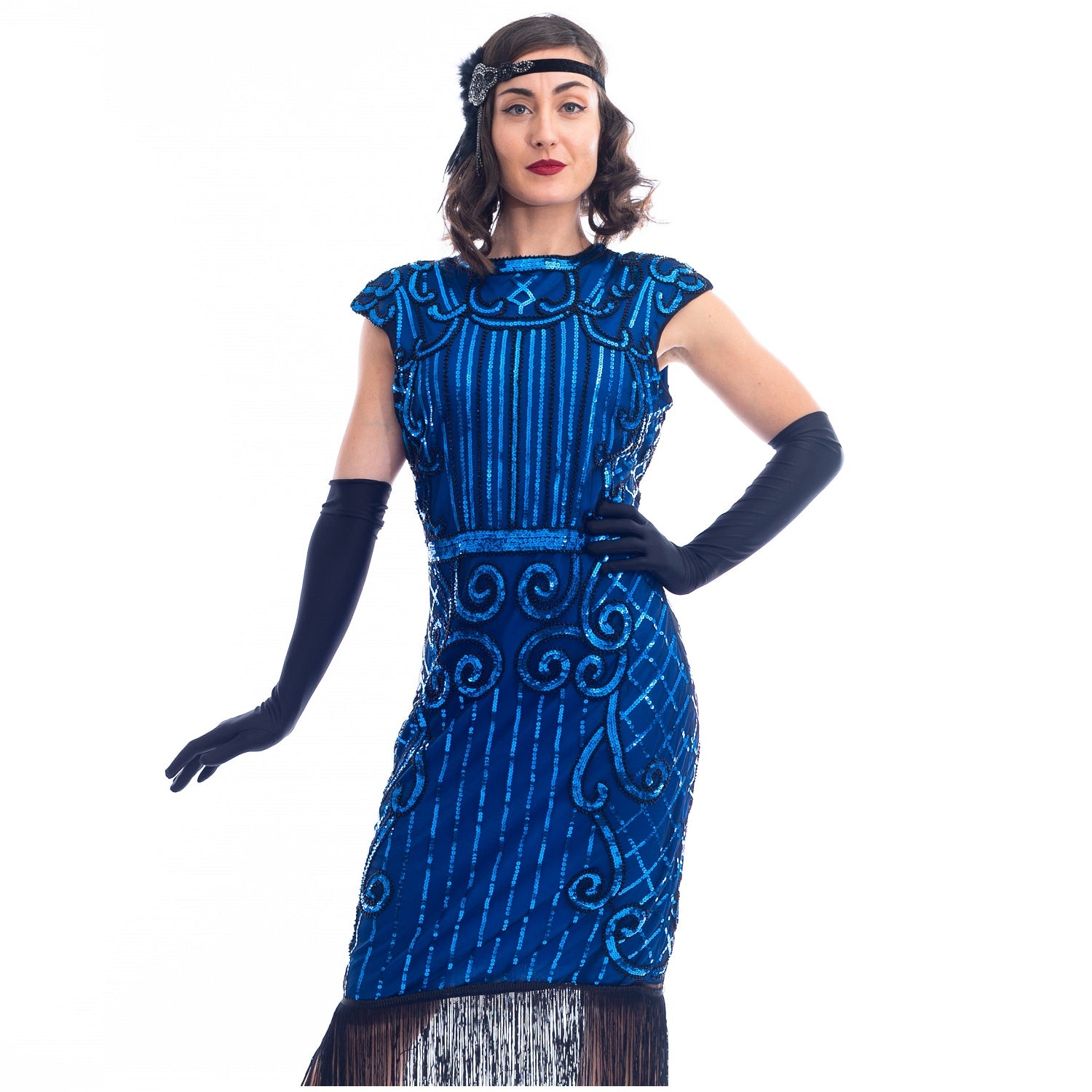 A close view 1920s Blue Flapper Dress with blue sequins, black beads and fringes around hem