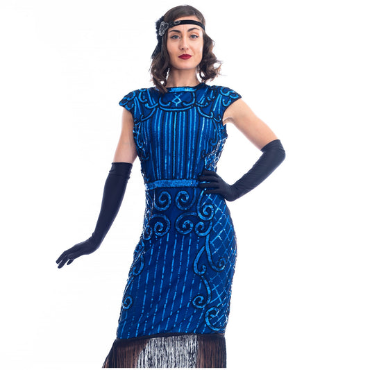 A close view 1920s Blue Flapper Dress with blue sequins, black beads and fringes around hem