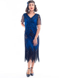 1920s Blue & Black Beaded Evelyn Flapper Dress