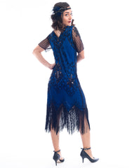 1920s Blue & Black Beaded Evelyn Flapper Dress