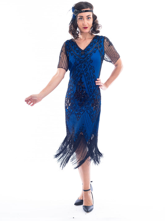 1920s Blue & Black Beaded Evelyn Flapper Dress