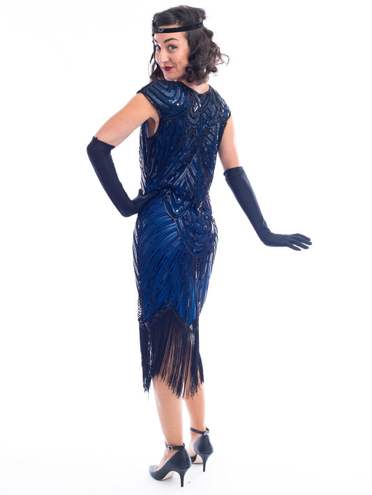 1920s Blue & Black Beaded Mable Flapper Dress