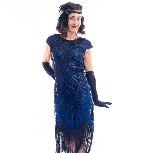 1920s Blue & Black Beaded Mable Flapper Dress