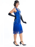 A blue flapper dress with sequins, beads and fringes around the hem - Side View