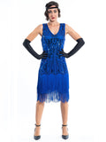 A blue flapper dress with sequins, beads and fringes around the hem