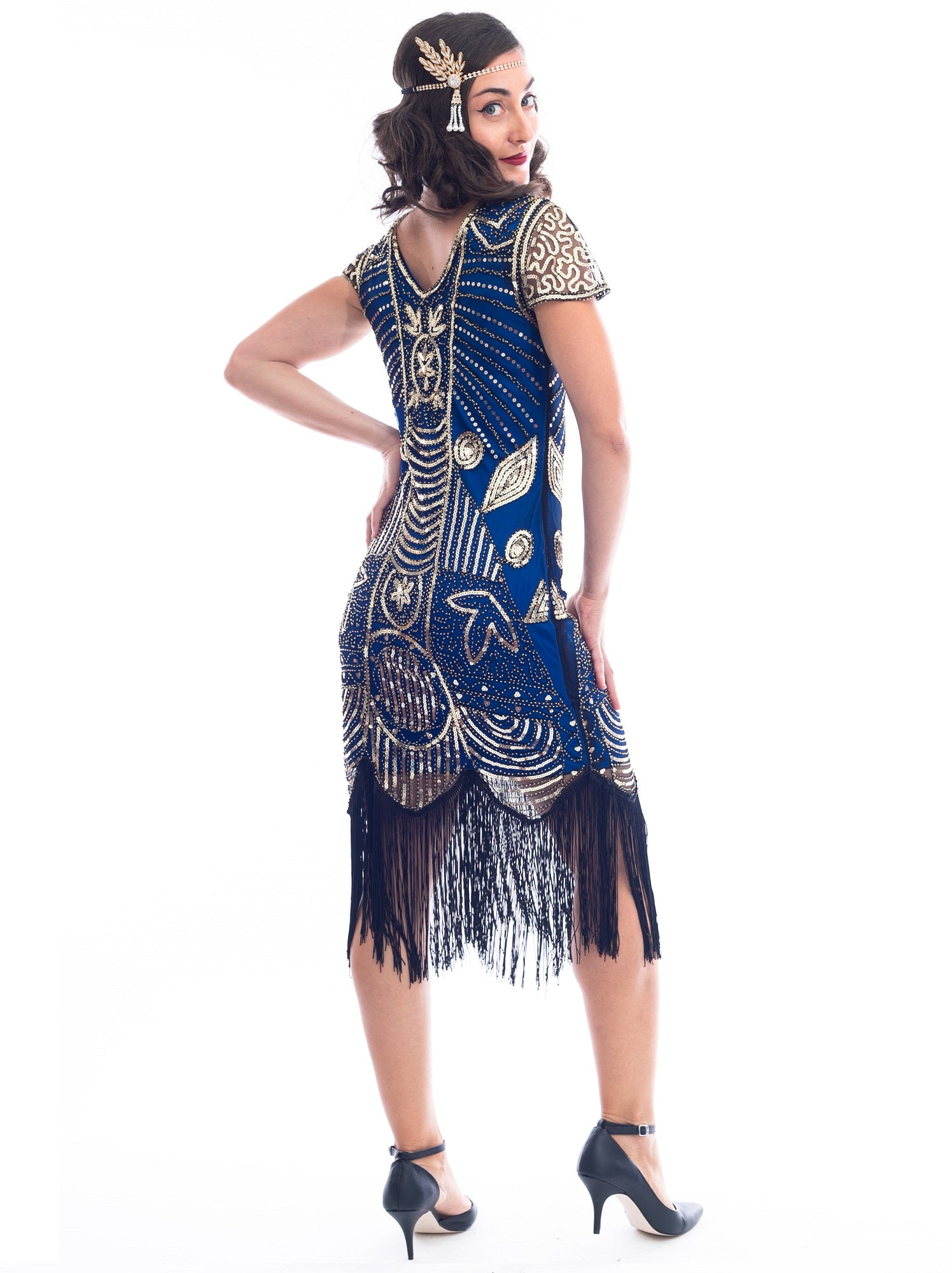 A back view 1920s Blue Gatsby Dress with gold sequins, gold beads and fringes around hem