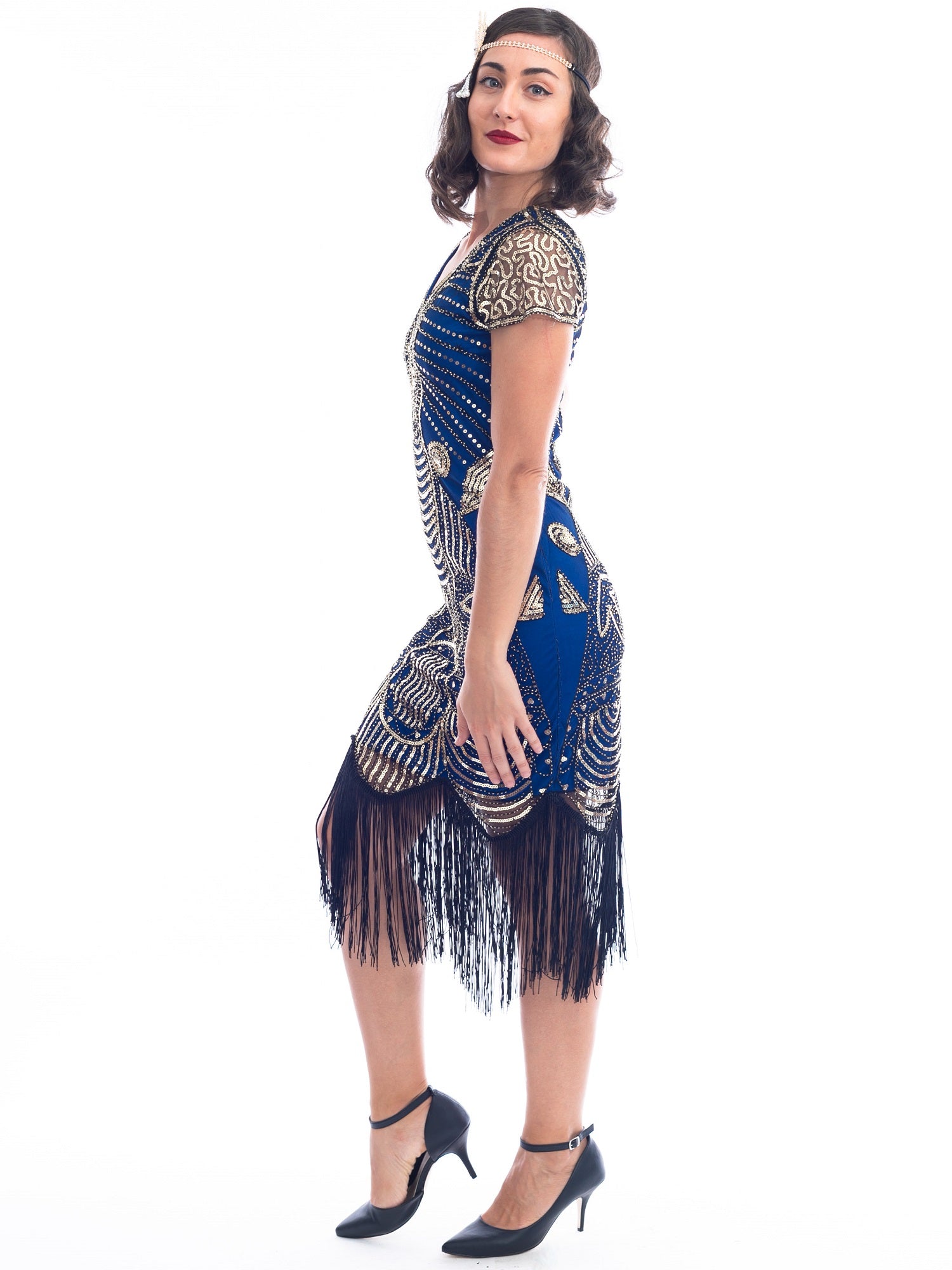 A side view 1920s Blue Gatsby Dress with gold sequins, gold beads and fringes around hem