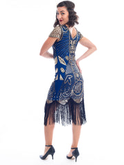 A back view 1920s Blue Gatsby Dress with gold sequins, gold beads and fringes around hem
