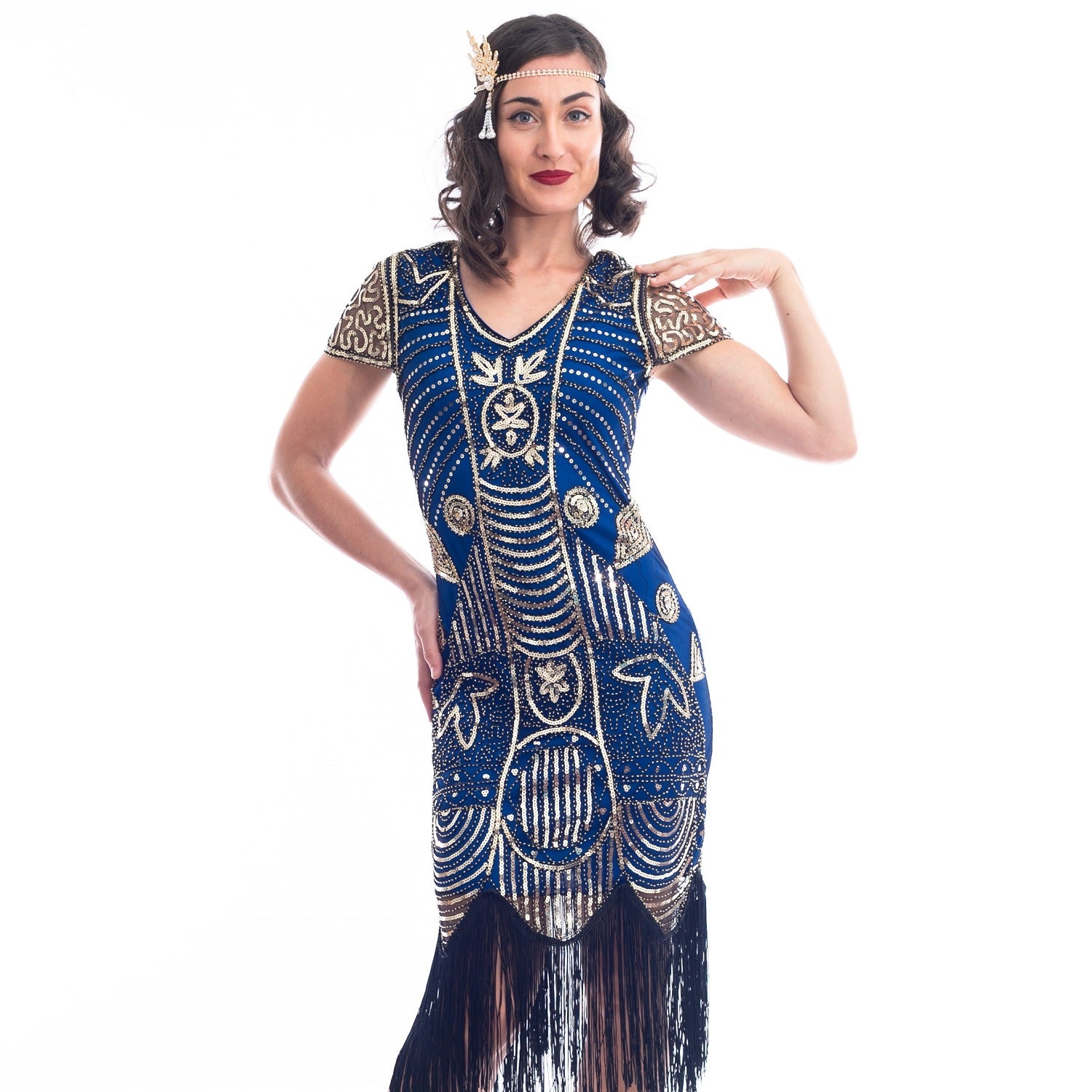 A close view 1920s Blue Gatsby Dress with gold sequins, gold beads and fringes around hem