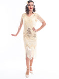 1920s Cream & Gold Beaded Evelyn Flapper Dress