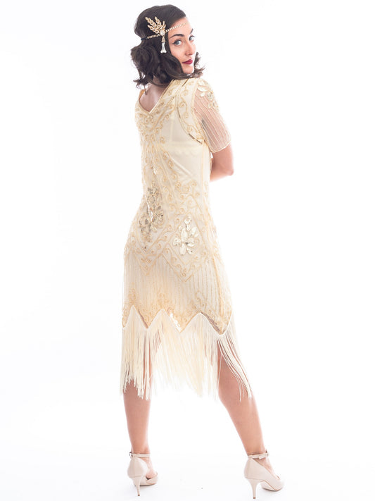 1920s Cream & Gold Beaded Evelyn Flapper Dress