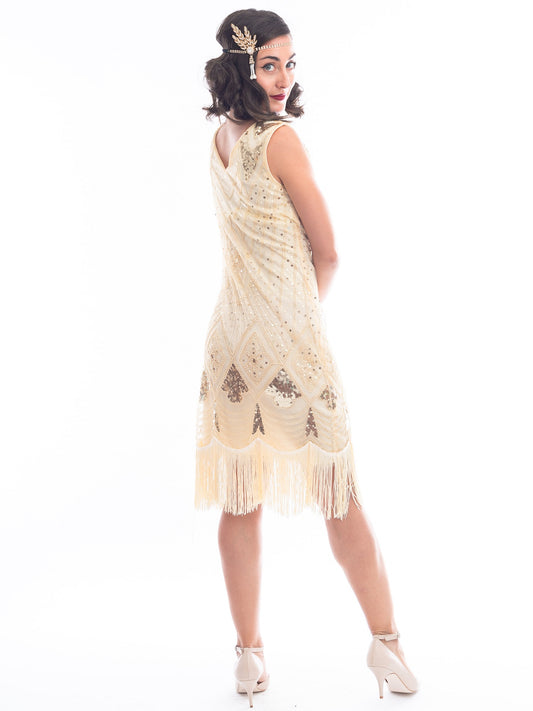 1920s Cream & Gold Beaded Lola Gatsby Dress