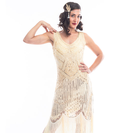 1920s Cream & Gold Beaded Stella Flapper Dress