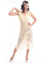 1920s Cream & Gold Beaded Stella Flapper Dress