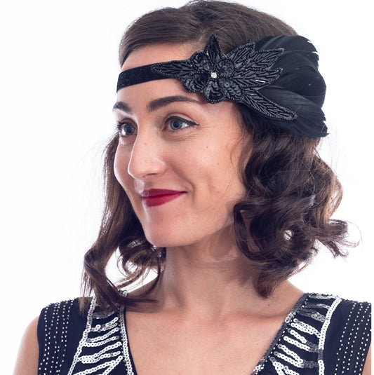 1920s Floral & Black Sequin Flapper Headband