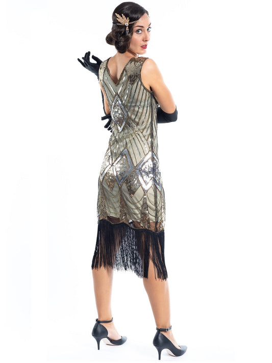 A Gold Flapper Dress with sequins and beads