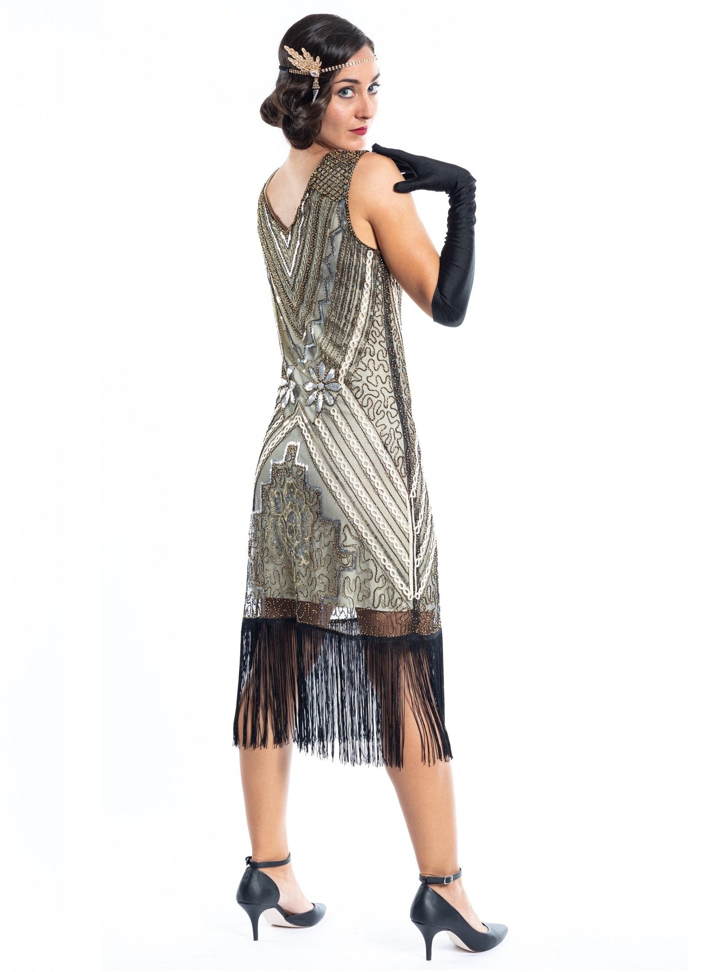 1920s Gold Vintage Gatsby Dress with silver & gold sequins, gold beads and black fringes around the hem - Back View