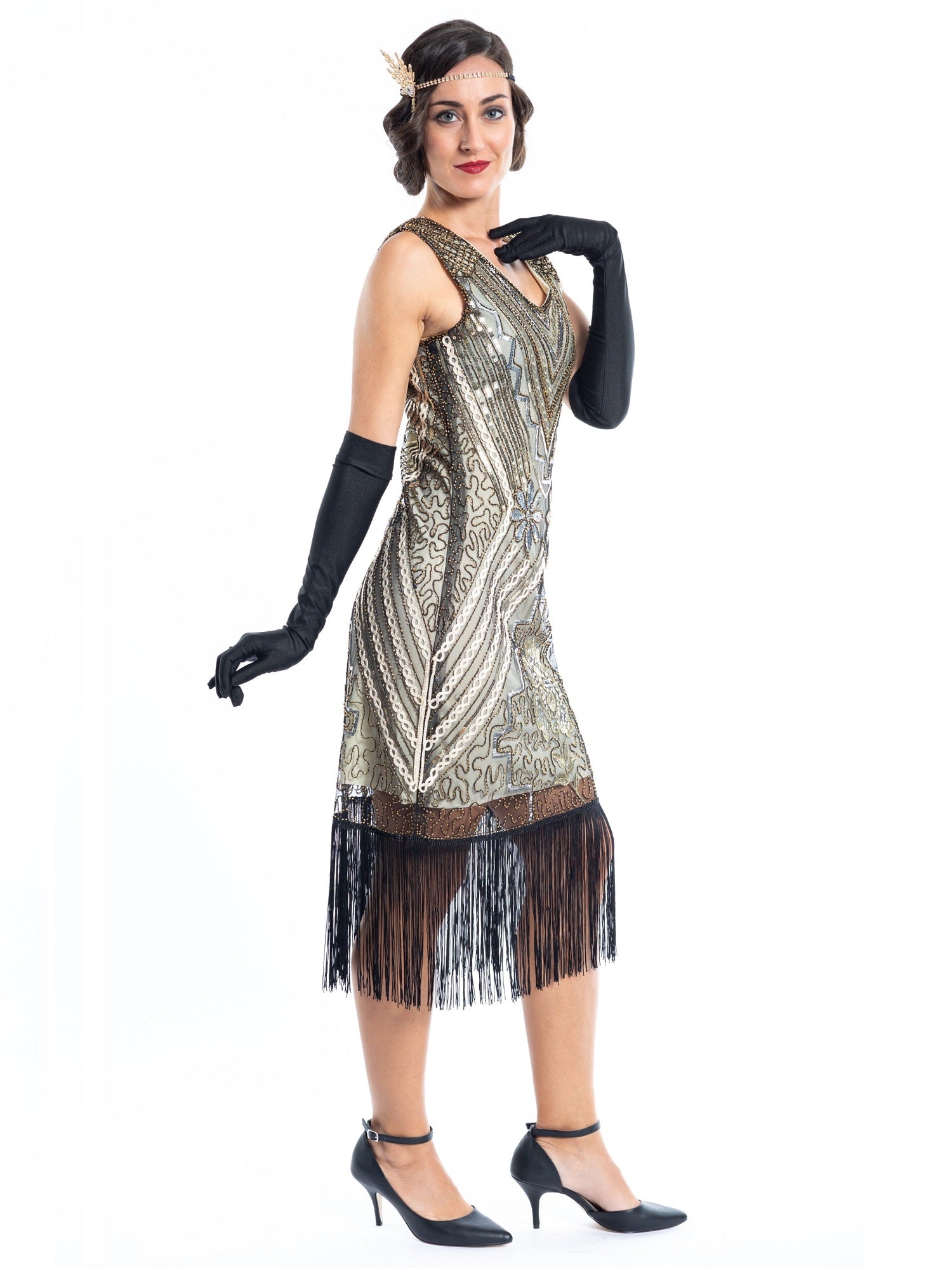 1920s Gold Vintage Gatsby Dress with silver & gold sequins, gold beads and black fringes around the hem - Side View