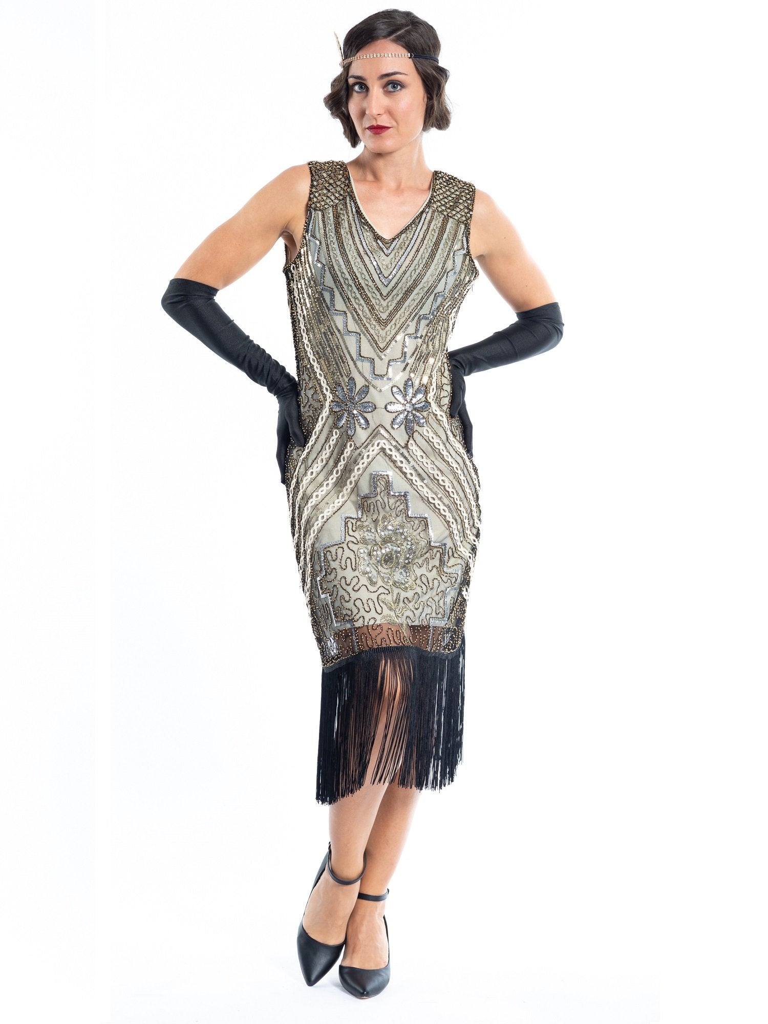1920s Gold Vintage Gatsby Dress with silver & gold sequins, gold beads and black fringes around the hem