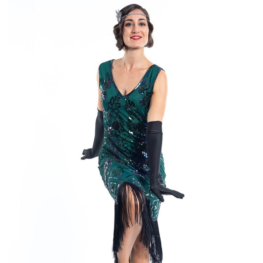 A Green Gatsby Dress with black sequins and beads