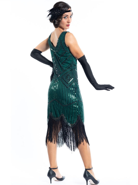 A Green Flapper Dress with black sequins, black beads and fringes - Back View