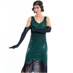 A Green Flapper Dress with black sequins, black beads and fringes - Close View