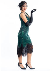 A Green Flapper Dress with black sequins, black beads and fringes - Side View