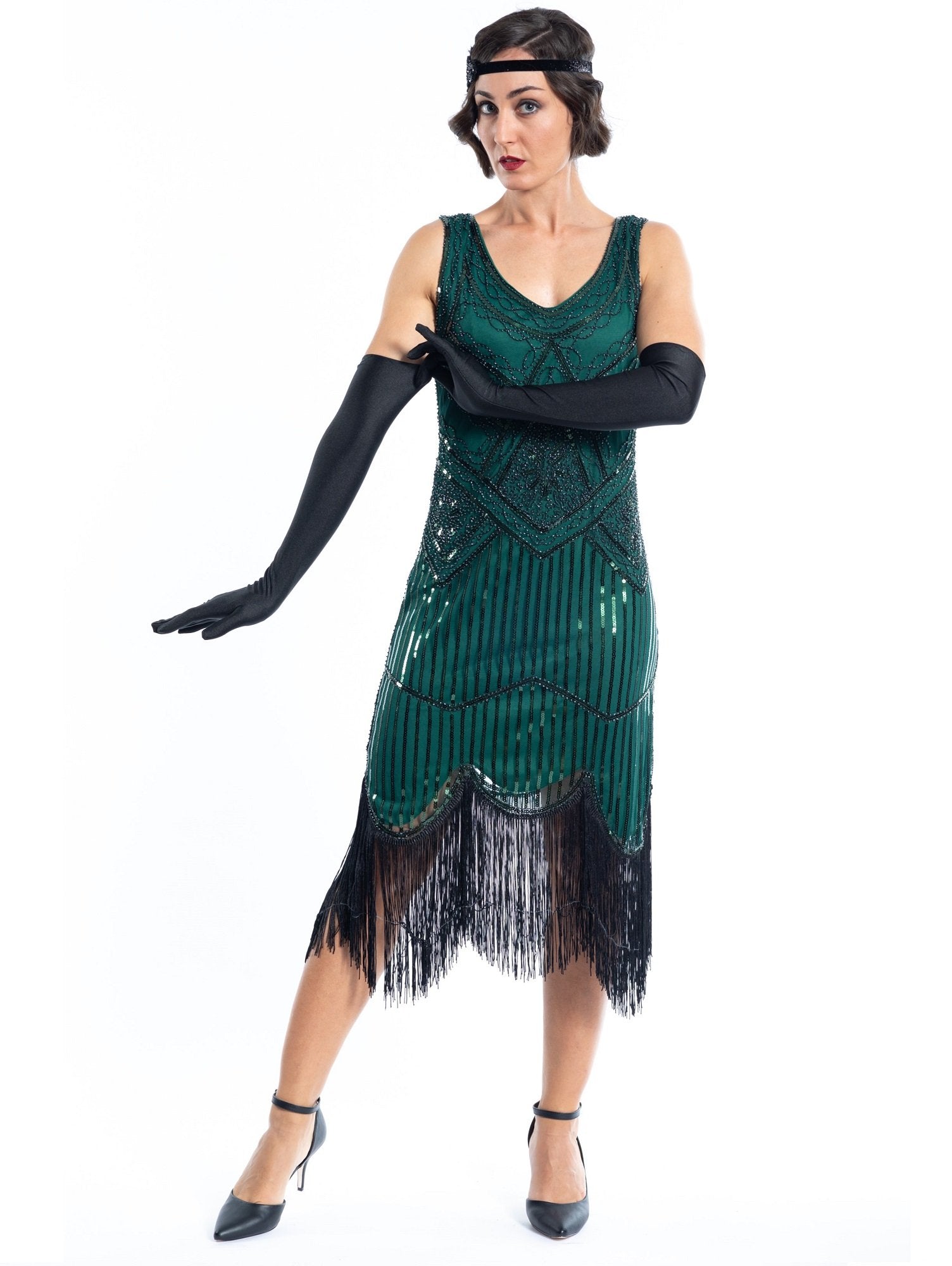 A Green Flapper Dress with black sequins, black beads and fringes