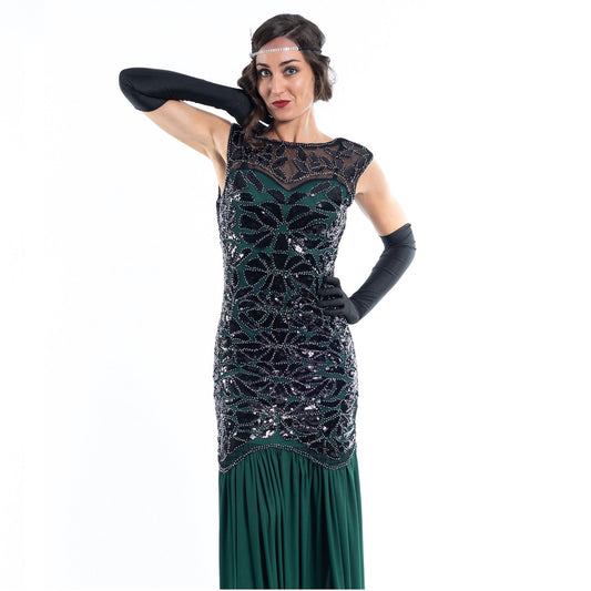 A long green flapper dress with black sequins and beads