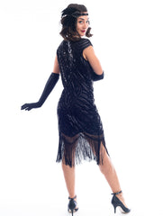 1920s Plus Size Black Beaded Mable Flapper Dress