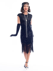 1920s Plus Size Black Beaded Mable Flapper Dress