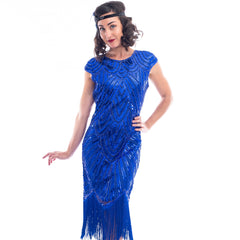 1920s Plus Size Blue Beaded Mable Flapper Dress