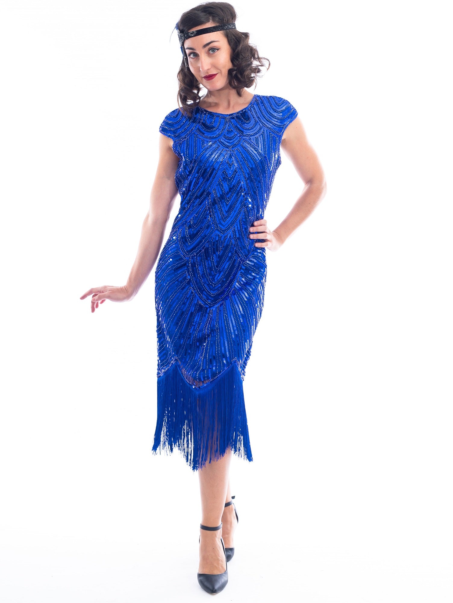 1920s Plus Size Blue Beaded Mable Flapper Dress