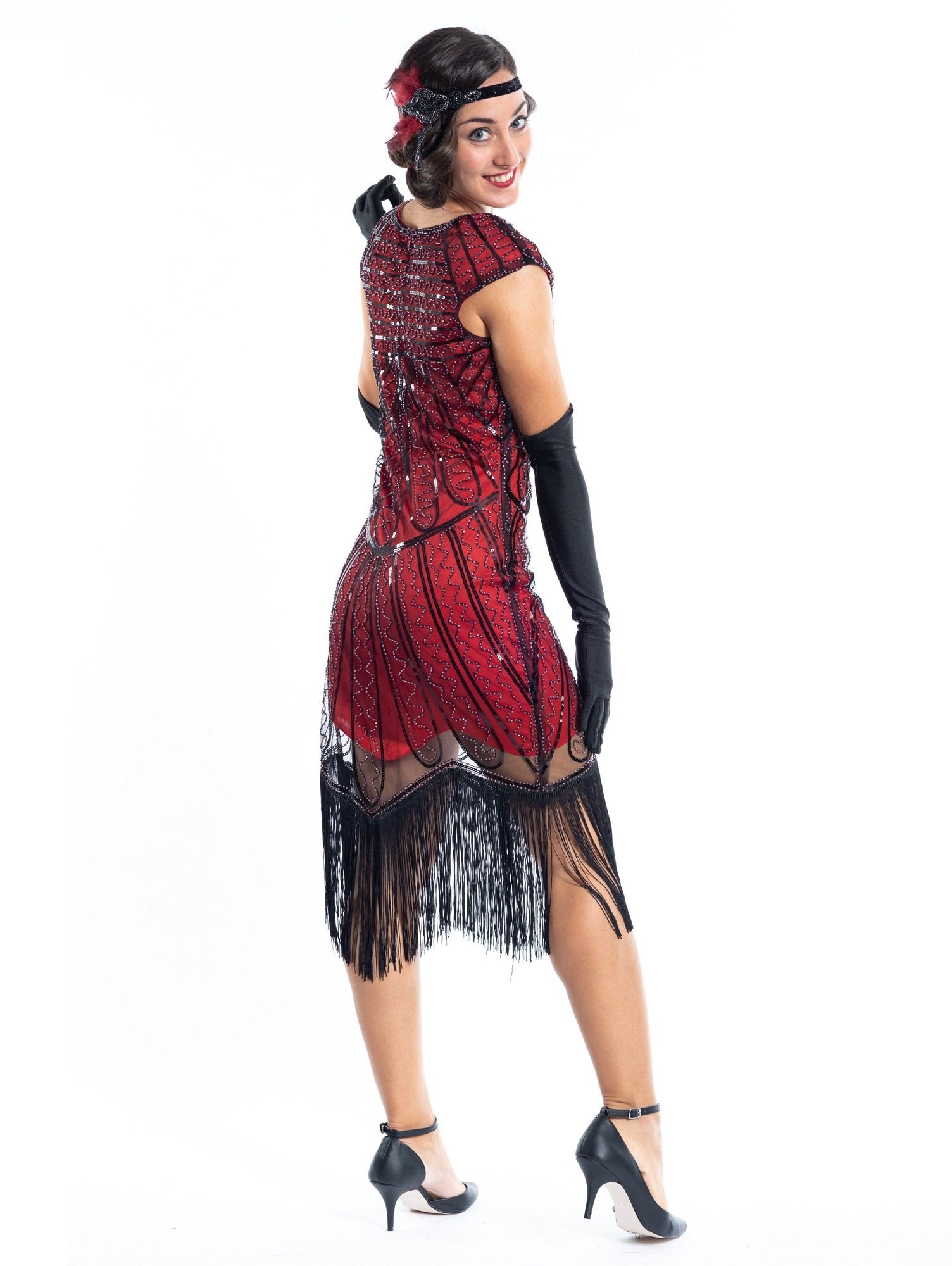 A red flapper dress with black sequins and beads