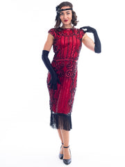 A Red Flapper Dress with a cocktail and deco pattern of red sequins and black beads.