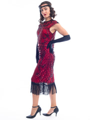 A side view of a Red Flapper Dress with a cocktail and deco pattern of red sequins and black beads.