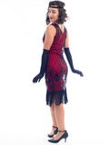 A back view of a Red Gatsby Dress with deco pattern of black sequins and beads. 