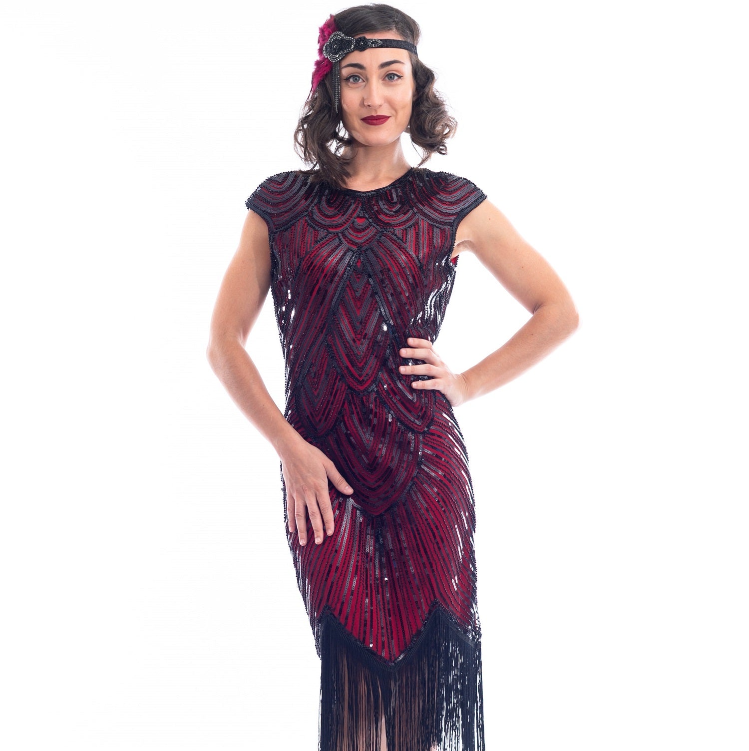 A close view of a vintage red 1920s Flapper Dress with black beads