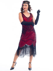 A Red 1920s Flapper Dress with black beads & fringes around the hem