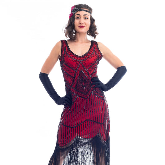 1920s Red & Black Beaded Stella Flapper Dress
