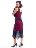 A side view of a Red 1920s Flapper Dress with black beads & fringes around the hem