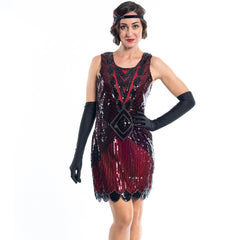 A Short 1920s Red Gatsby Dress with Black Sequins - Close View